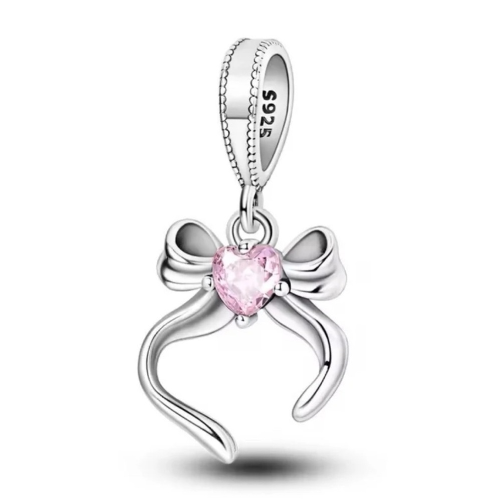 New Bow W/Pink Heart Gemstone Charm